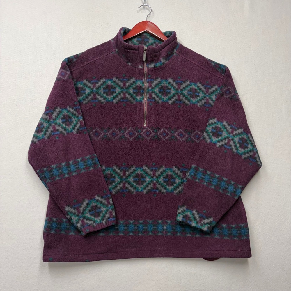 Eddie Bauer Fleece Pullover Mens XL Purple Aztec Geometric Vintage 90s USA Made